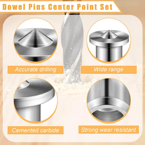 DIY Friendly 32 Piece Dowel Pin Center Point Kit For Woodworking Solid And Hollow Dowel Centers And Transfer Plugs Includes 1/4 5/16 3/8 1/2 Inch Pins 6 8 10 12 mm for quick fits and precise alignment seen with drill and metal dowel pins emphasizing accurate drilling, wide range, cemented carbide, and strong wear resistance.