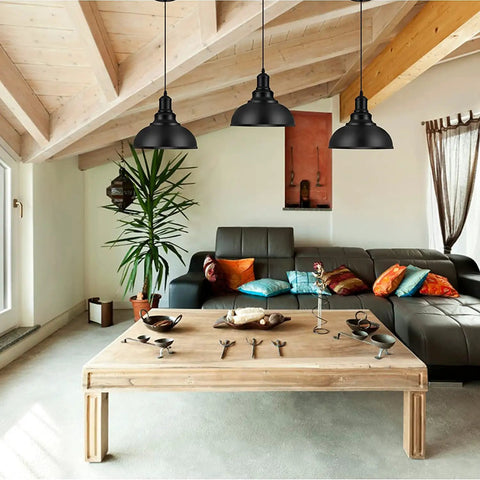Dope Industrial Black Pendant Lights Two Pack Farmhouse Hanging Lamps with Metal Shade in a modern living room