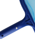 Close-up of the handle and fine mesh frame of Heavy Duty Pool Skimmer Net For Leaves And Debris, durable blue plastic design.
