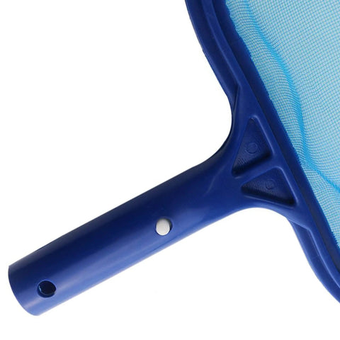 Close-up of the handle and fine mesh frame of Heavy Duty Pool Skimmer Net For Leaves And Debris, durable blue plastic design.