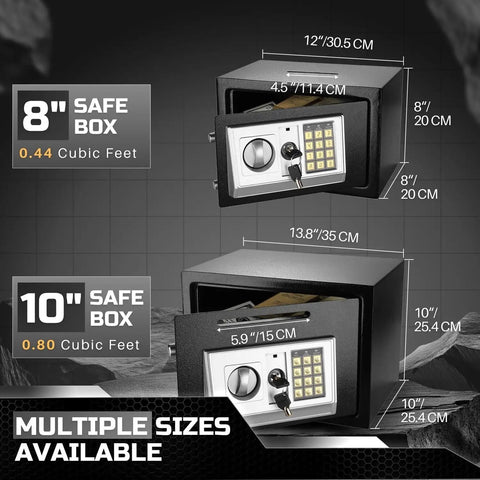 Multiple sizes of Compact Drop Slot Safe Box With Digital Keypad Lock for cash money, documents, jewelry, and valuables displayed.