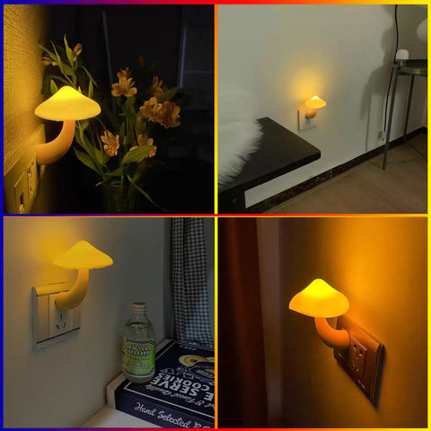 Four views of a Mushroom Shaped Energy Saving Sensor LED Night Light With Plug In Auto On Off Multi Color Changing LED Night Light for Hallway and Bedroom Yellow Finish Long Lifespan Up To 50000 Hours showing its soft yellow glow.
