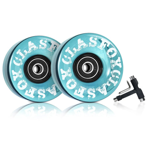 78A Outdoor Indoor Quad Roller Skate Wheels 65x35mm ABEC9 Bearings Eight Pack Sea Blue Durable Gummy PU viewed with tool