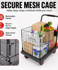 Foldable Cage Cart And Flatbed Hand Truck 2 In 1 Multi Purpose Dolly With 660 Lbs Capacity For Grocery Laundry Garage Warehouse Four Swivel Wheels Heavy Duty All In One open mesh cage with groceries and boxes, 50 cm high