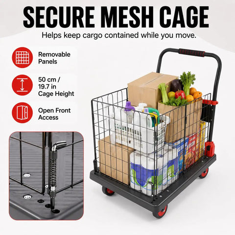 Foldable Cage Cart And Flatbed Hand Truck 2 In 1 Multi Purpose Dolly With 660 Lbs Capacity For Grocery Laundry Garage Warehouse Four Swivel Wheels Heavy Duty All In One open mesh cage with groceries and boxes, 50 cm high