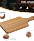 Front view of acacia cutting board with handle; thick, sturdy wooden chopping and serving board