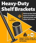 Heavy Duty Black Pipe Shelf Brackets 8 Inch Set showing 2mm thickness and 140 lbs support for durable shelving