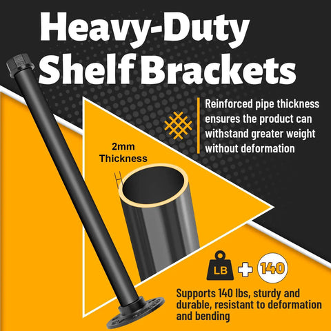 Heavy Duty Black Pipe Shelf Brackets 8 Inch Set showing 2mm thickness and 140 lbs support for durable shelving