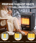 Portable Propane Cabinet Heater With 18,700 BTU, Three Temperature Settings, Tip Over Protection, on patio with woman