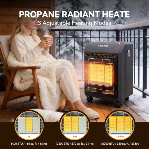 Portable Propane Cabinet Heater With 18,700 BTU, Three Temperature Settings, Tip Over Protection, on patio with woman