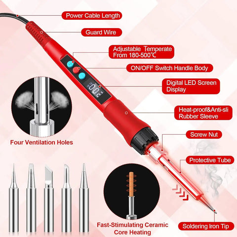 Pro Grade 100W Digital Soldering Iron Kit With Ceramic Heater And LED Display, Adjustable Temperature, red soldering iron