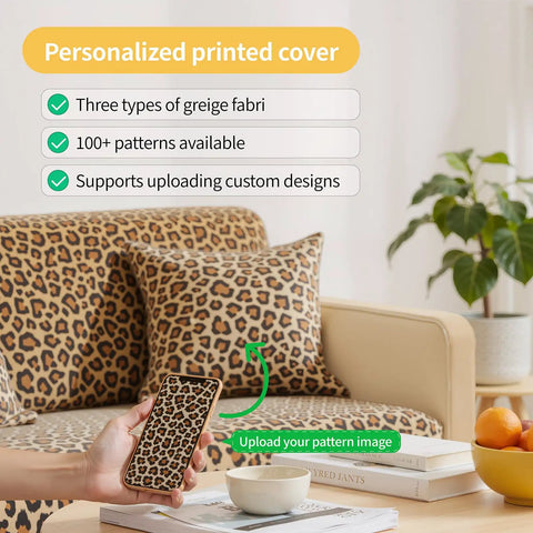 Living room with leopard print personalized cover on sofa, cushion, and phone case; plant and books in background