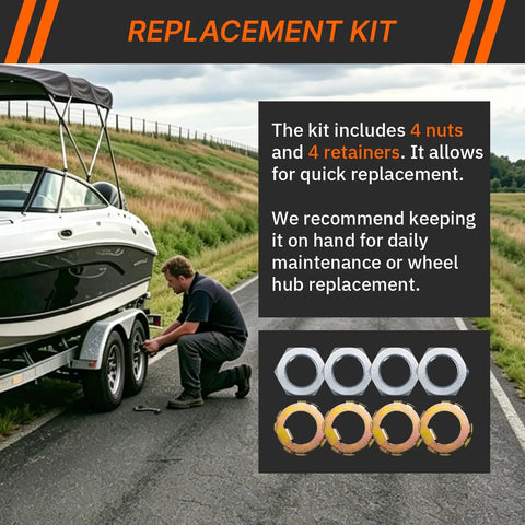 Man replacing trailer wheel hub using Heavy Duty D-Style Trailer Spindle Nuts and Retainers 1 Inch Thread Fits 2,000-8,000 Lbs Axles Kit