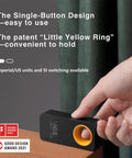Hand holding Pocket Size Laser Measuring Tool With 98 Feet Range and 2mm Precision, USB C Rechargeable, OLED Display, black and yellow design