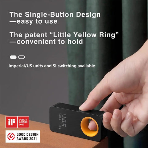 Hand holding Pocket Size Laser Measuring Tool With 98 Feet Range and 2mm Precision, USB C Rechargeable, OLED Display, black and yellow design