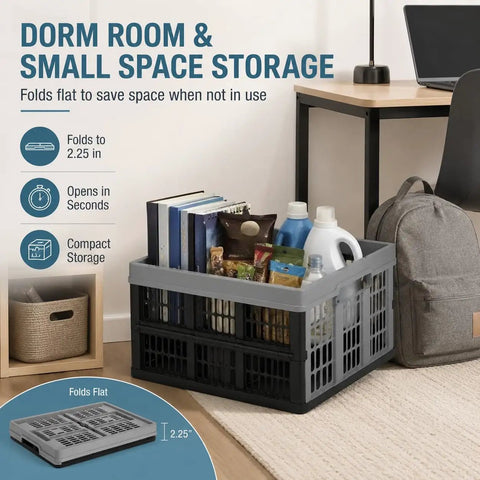 Hella Durable Folding Storage Crate 32L With Grip Handles And Reinforced Bottom Game Changer For Grocery Loads Car Trunk Organizing And Daily Essentials In Stone Gray filled with books and containers.