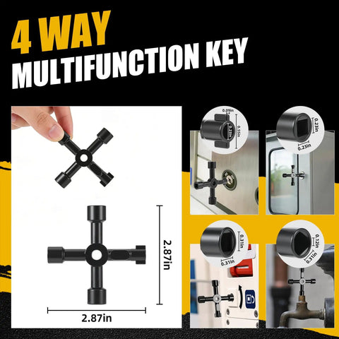 17 Inch Water Meter Key 4 Way Utility Tool With Three Quarter Inch Opening Premium Solid Steel Long Reach Shut Off Key For Deep Buried Valves Mains Easy Turn And Maintenance, 4-way key close-up