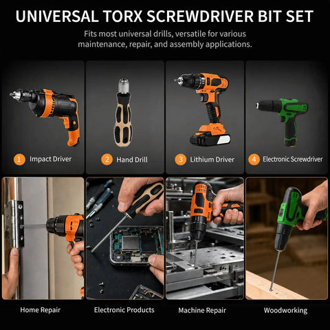 Universal Torx Screwdriver Bit Set with various drills for home repair, electronics, machining, and woodworking tasks.