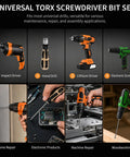 Universal Torx Screwdriver Bit Set features Impact Driver, Hand Drill, Lithium Driver, and Electronic Screwdriver for versatile use.