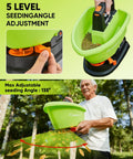 Handheld Lawn Spreader For Seed And Fertilizer, Battery Powered Do It All Tool With 3 Liter Capacity, shown with 5 angle adjustments.