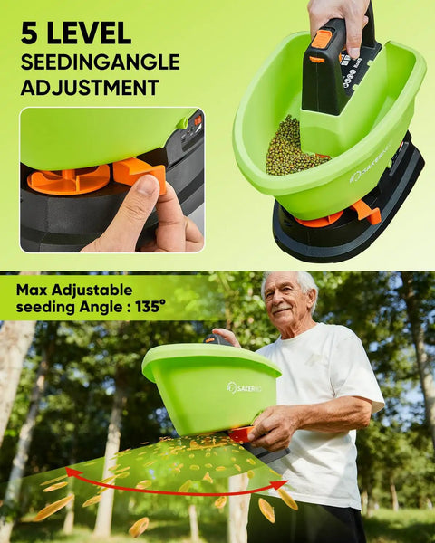 Handheld Lawn Spreader For Seed And Fertilizer, Battery Powered Do It All Tool With 3 Liter Capacity, shown with 5 angle adjustments.