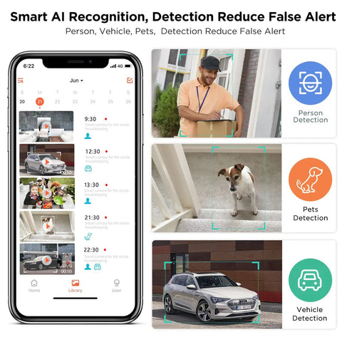 Solar Powered Wireless Outdoor Security Cam With 2K 3MP HD Video 360 Degree PTZ AI detecting person, pet, and vehicle