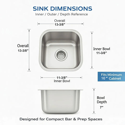 Undermount Bar Sink 13 By 13 Inch, 18 Gauge 304 Stainless Steel Single Bowl With Basket Strainer, Perfect For Wet Bar, RV, Kitchen Island And Small Spaces, Compact Prep Sink For Quick Rinse And Wash