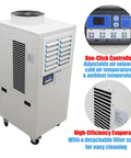 Heavy Duty 220 Volt Industrial Portable Air Conditioner Packing Serious Cooling Power On Smooth Caster Wheels And 14 Liter Tank, front view with control panel and evaporator.