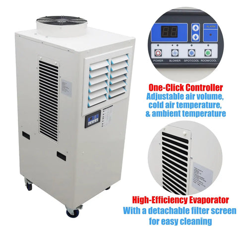 Heavy Duty 220 Volt Industrial Portable Air Conditioner Packing Serious Cooling Power On Smooth Caster Wheels And 14 Liter Tank, front view with control panel and evaporator.