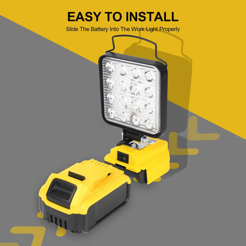 Rechargeable LED Work Light 100W Beast Bright Floodlight with stand showing battery installation with yellow casing