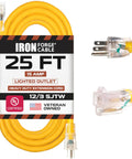 Heavy Duty Lighted Outdoor Extension Cord 25 Feet 12 Gauge Three Conductor SJTW Bright Yellow Cable With 3 Prong Grounded Plug