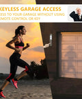 Woman jogging past garage with Universal Garage Door Keypad Remote For All The Big Name Brands Including Chamberlain LiftMaster Genie