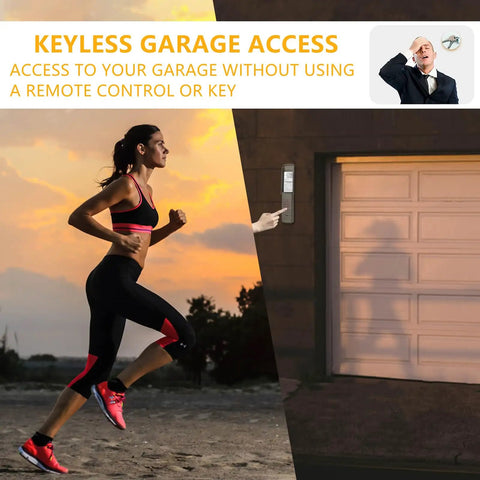 Woman jogging past garage with Universal Garage Door Keypad Remote For All The Big Name Brands Including Chamberlain LiftMaster Genie