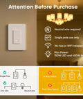 Hassle Free Wireless Dimmer Switch With Magnetic Remote Single Pole Light Control Neutral Wire Required No App Drama Reliable Everyday Glow For Dimmable LED And CFL Fixtures installed on wall with usage instructions.