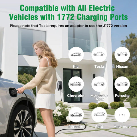 Woman charging vehicle with Level 2 EV Charger Wall Mount With 25 Foot Cable, 50 Amp 240 Volt Fast Charging For J1772 EVs