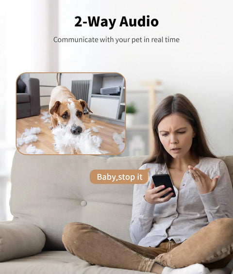Woman using Indoor Pet Camera With Treat Dispenser And Remote Toss 360 Degree View 5G And 2 4G WiFi Two Way Talk with dog