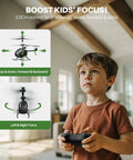 Child playing with Palm Sized Mini RC Helicopter with Gyro Stabilizer and Altitude Hold 3.5 Channel Toy indoors