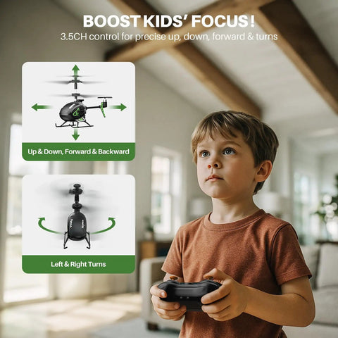 Child playing with Palm Sized Mini RC Helicopter with Gyro Stabilizer and Altitude Hold 3.5 Channel Toy indoors