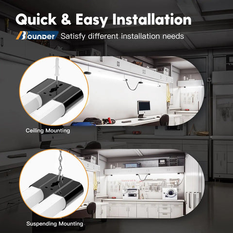 4 Pack Linkable LED Shop Lights For Garage, 4400 Lumens, 6500K Cool Daylight, ceiling and suspension mount options shown