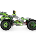 Side view of Deluxe 3 In 1 Pull Back Buggy STEAM Model Building Kit For Kids 5 And Up with green buggy assembled, showing wheels and frame.