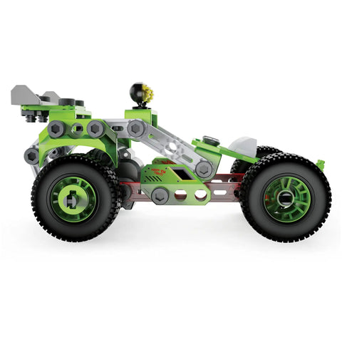 Side view of Deluxe 3 In 1 Pull Back Buggy STEAM Model Building Kit For Kids 5 And Up with green buggy assembled, showing wheels and frame.