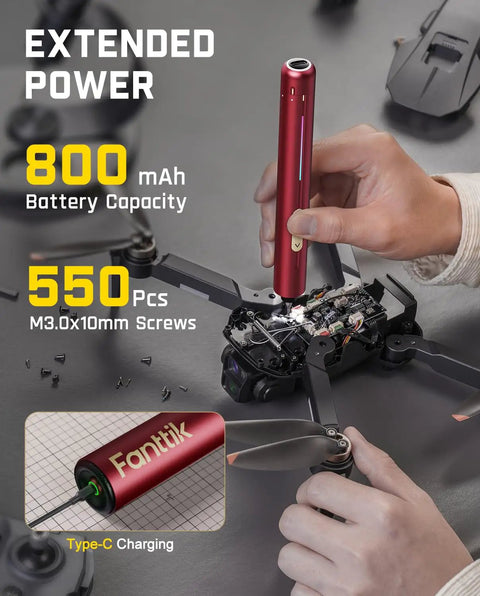 E2 Ultra Electric Screwdriver Kit With 50 Magnetic Bits and 0.6N.m Torque in use on drone electronics repair