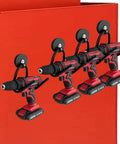 Four Pack Magnetic Garage Hooks Heavy Duty Tool Organizer Rack For Power Tools Garden Tools Hose Pegboard And Workshop Indoor Outdoor Hanging No Drill Required Industrial Strength Magnets Hold Up To Ten Pounds holding drills on red surface