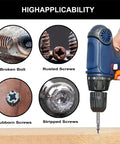 Image showing a drill next to text highlighting broken bolts, rusted, stubborn, and stripped screws for Six Piece Damaged Screw Extractor Set With Case.