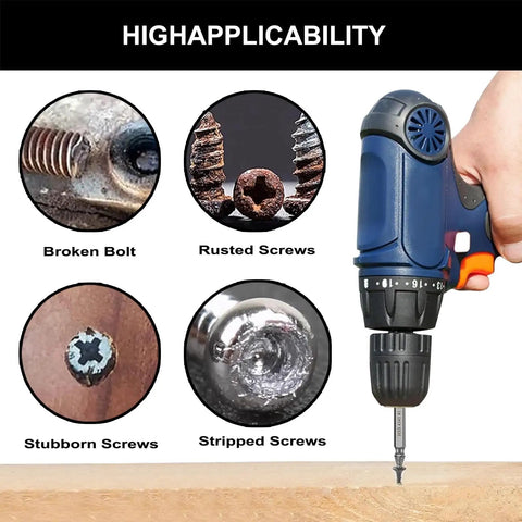 Image showing a drill next to text highlighting broken bolts, rusted, stubborn, and stripped screws for Six Piece Damaged Screw Extractor Set With Case.