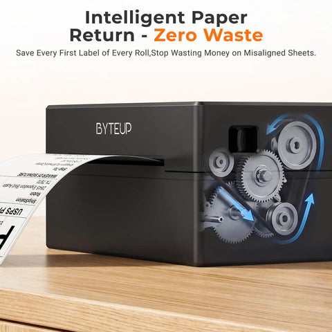 Bluetooth Thermal Shipping Label Printer 4x6 Inch, 203 DPI, inkless with label printing on wooden desk, side view showing gears