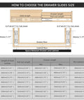 Diagram for choosing drawer slide size with measurements; includes guidance for Must Have 12 Inch Full Extension Drawer Slides Set.