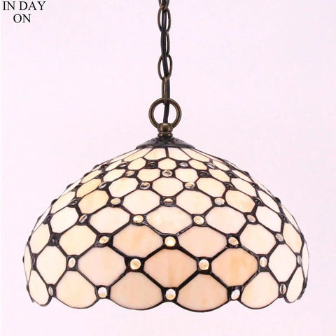 Tiffany Style Cream Amber Bead Stained Glass Pendant Light Fixture, 12 Inch Wide Shade, Chain and Cord, Ceiling Lamp S005 Series