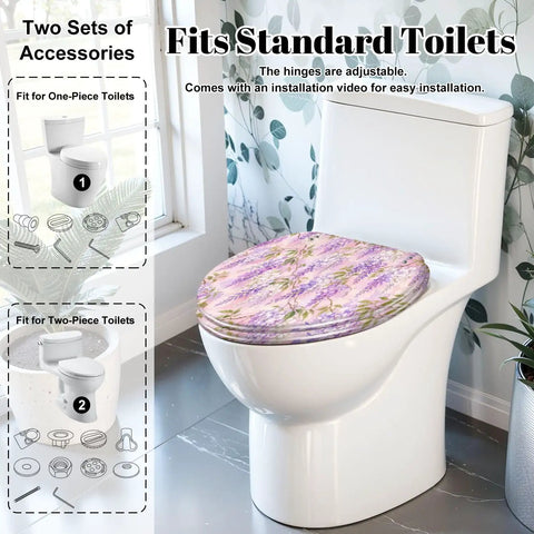 Elongated Wisteria Lilac Pretty Bright Floral Botanical Toilet Seat on a standard toilet, showcasing its colorful design and fit.