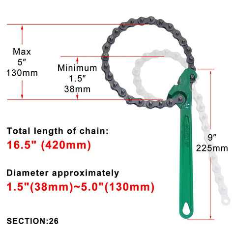 Yellow All Purpose Belt Strap Wrench With 23 Inch Adjustable Strap And 12 Inch Steel Handle Six Point Three Inch Capacity Anti Slip Helical Burr Three Layer Tetolon For Heavy Duty Grip, green handle chain wrench illustration.